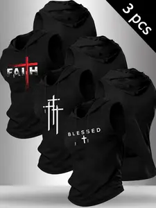 Men's 3-Pack Faith Blessed Cross Graphic Sleeveless Hoodies, Religious Themed Print Athletic Tank Tops, Gym Workout Streetwear Outfits, Casual Workout Tops