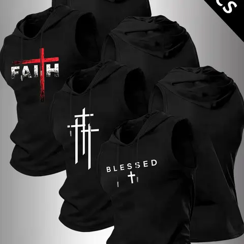 Men's 3-Pack Faith Blessed Cross Graphic Sleeveless Hoodies, Religious Themed Print Athletic Tank Tops, Gym Workout Streetwear Outfits, Casual Workout Tops, Gym Daily Wear, Fitness Fashion