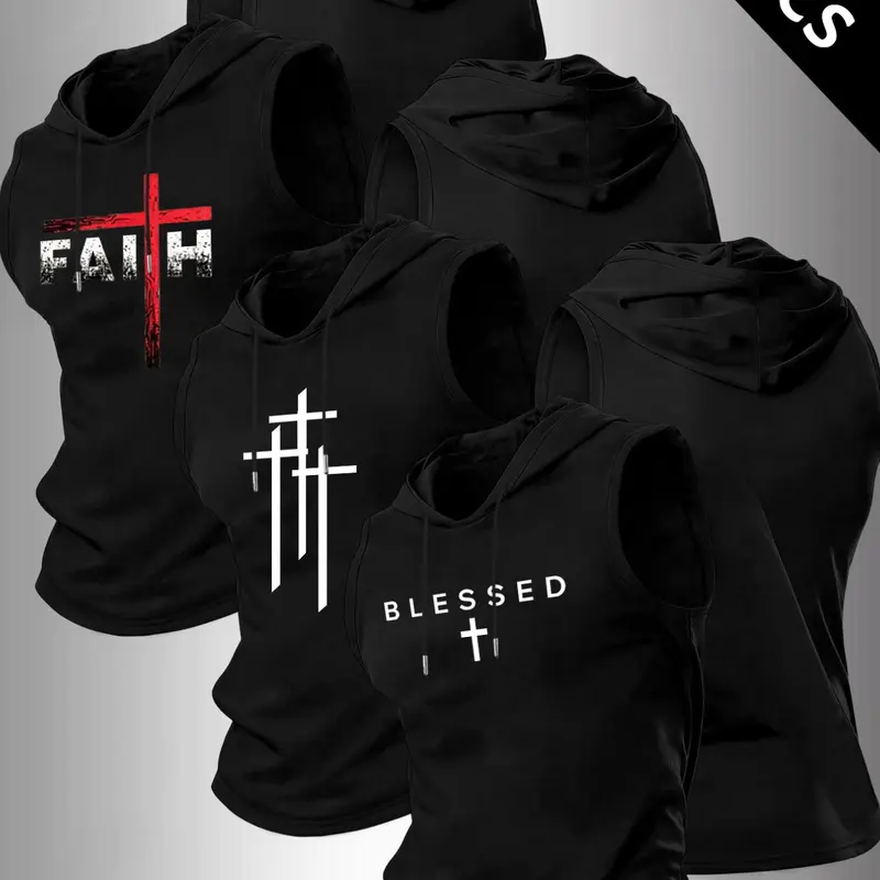 Men's 3-Pack Faith Blessed Cross Graphic Sleeveless Hoodies, Religious Themed Print Athletic Tank Tops, Gym Workout Streetwear Outfits, Casual Workout Tops, Gym Daily Wear, Fitness Fashion