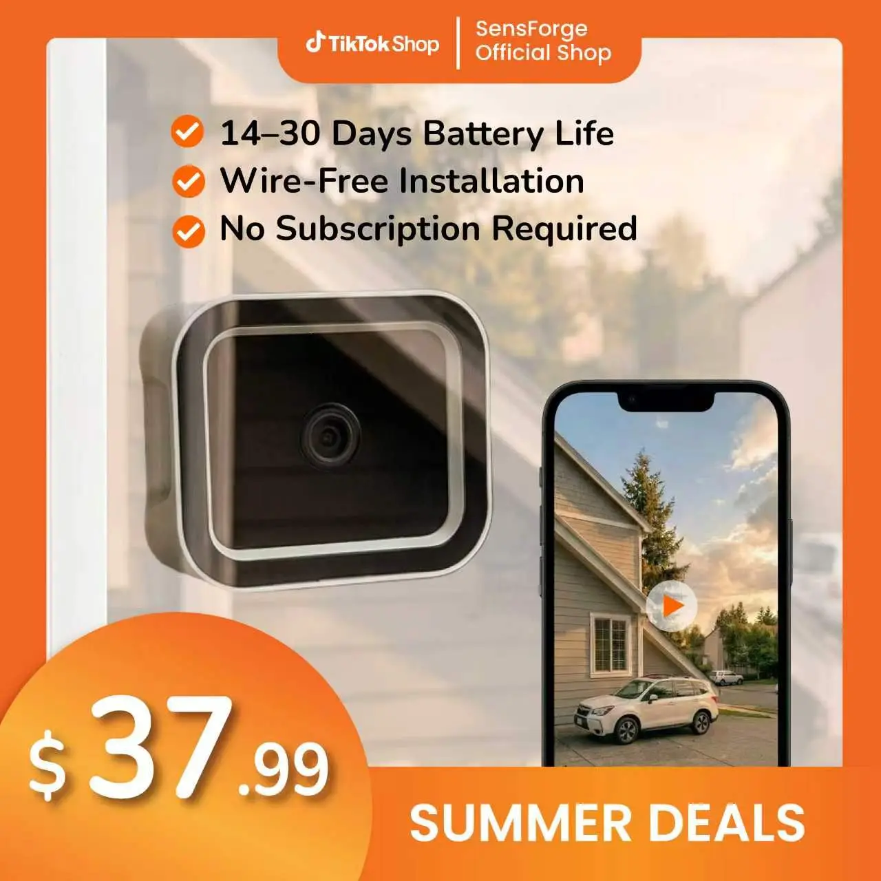 Sensforge Battery-Powered Window Security Camera, Home Security Device with Smart Tech, Cable, Remote, Mount, Charging Support, Memory Card Compatibility (Summervibe Component for Camera Systems)