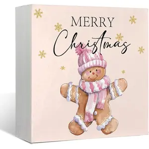 Pink Gingerbread Christmas Box Sign, Candyland Christmas Decorations, Pink Xmas Tree Christmas Snowman Decor, Christmas Winter Gift for Women, Christmas Kitchen Decor 5x5 inch