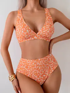 Womens High Waisted Bikini Sets Floral Bathing Suit Two Piece Swimsuit Tummy Control Swimwear V Neck Bikini Set Retro Bikini for Women Full Coverage Beachwear Vacation Swimming Suit Summer Resort Bathing Suit Orange Floral Print