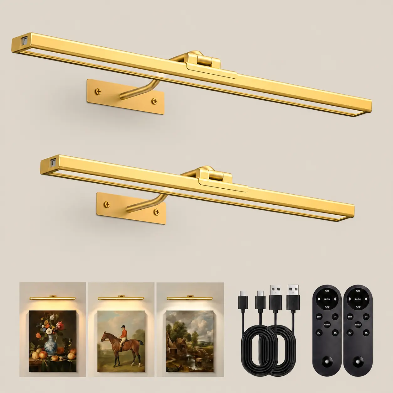 USB Rechargeable Wireless Wall Mounted Light 2-Pack, 16 Inch Gold Picture Light, 6000mAh Dimmable Rotatable LED Gallery Lamp with Remote, Modern Mood Lighting for Gallery Art, Paintings, Portraits, Vanity Mirrors & Dartboards
