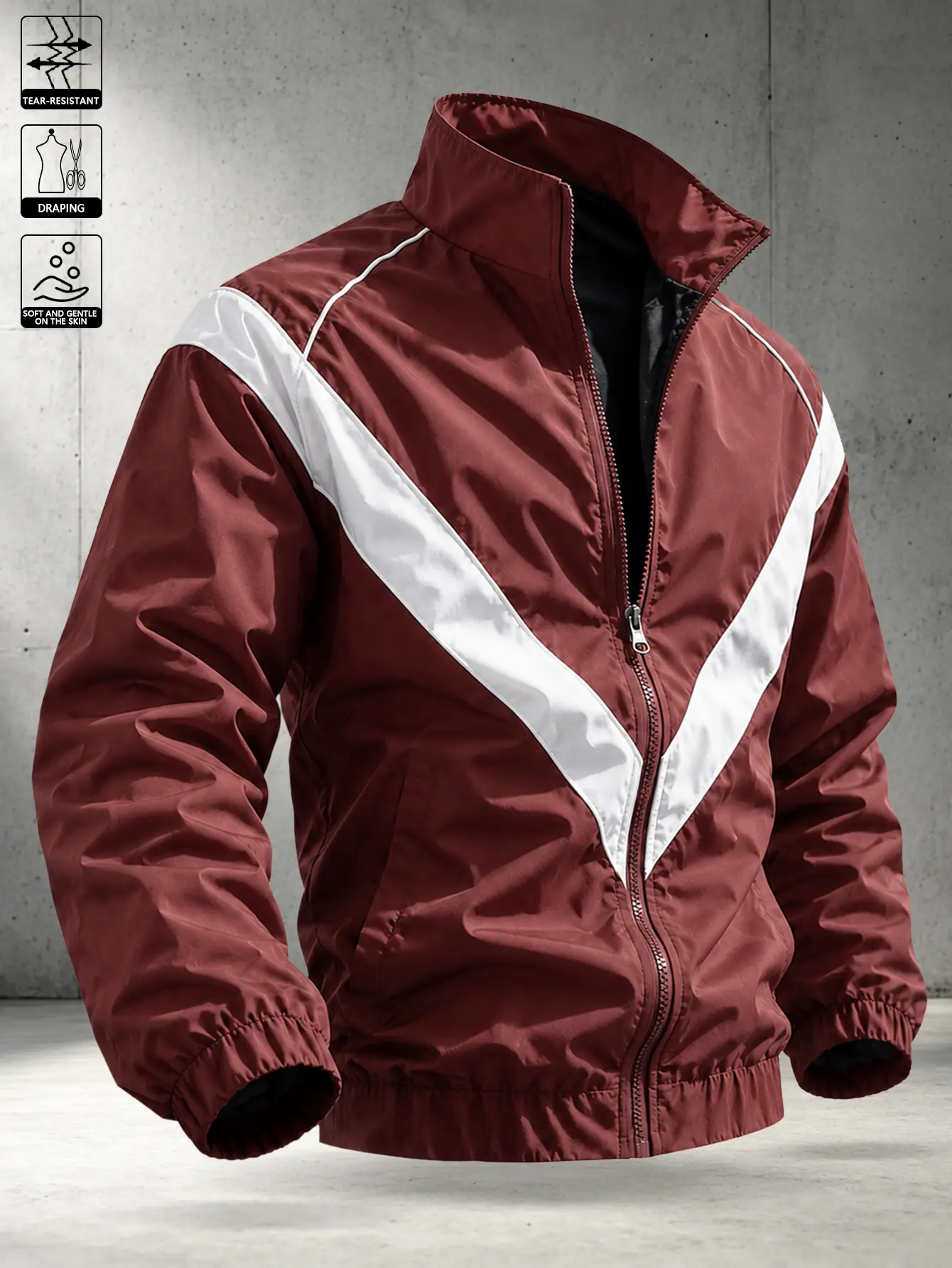 Men’s V-neck jacket with front zipper closure, made from wear-resistant woven fabric featuring elastic cuffs and a hem. Standard baseball fit, suitable for outdoor jogging, cycling, commuting, and everyday casual wear.