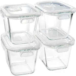 4-Piece Square Borosilicate Glass Food Storage Bowls Set, 32oz Soup Containers with Lids, Microwave-Safe Meal Prep Jars for Kitchen, Freezer-Safe for Travel
