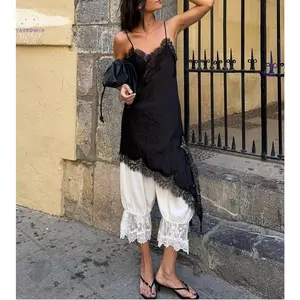 Women's Lace Trim Satin High Low Tops Silk Spaghetti Strap Side Split Asymmetrical Cami Top Flowy Silky Layering Tops Chic Elegant Sleeveless Adjustable Camisole for Girls and Women Casual Dressy Lightweight Ivory