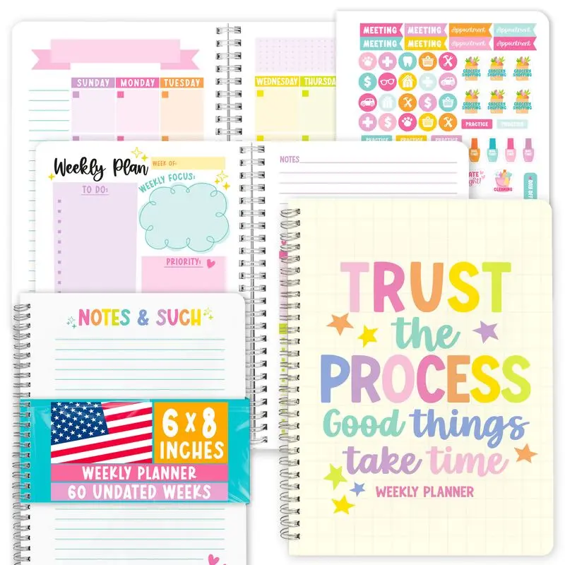 Hadley Designs Undated Weekly Planner Spiral Notebook with Flat Binding, Undated Pages - 6x8 Inch, 182-Page Habit Tracker, Goal Tracking Organizer for Students