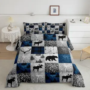 Bear Bedding Set,Farmhouse Moose Elk Deer Comforter Set,Cabin Lodge Decor,Hunting Animal Duvet Insert,Buffalo Plaid Check Patchwork Comforters