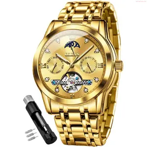 OLEVS Watch OLEVS Men Automatic Watch Skeleton Moon Phase Dial Luxury Dress Stainless Steel Strap 5 Hands Diamond Men Wrist Watches