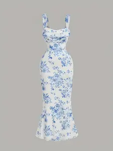 Women's Blue Floral Print Bodycon Dress, Versatile Retro Court Style Dress, Perfect for Any Occasion, Elegant and Stylish
