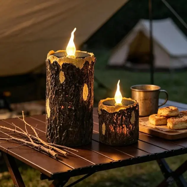 2-Piece Rustic Tree Bark LED Flameless Candle Sets - Battery-Powered, Realistic Wood Texture, Farmhouse Look, Flickering Effect for Farmhouse Home Decor, Cozy Camping Use