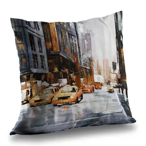 Begin Home Decor C1PC1414YSAPIZ 14 x 14 in. Big City Street with Yellow Taxi - Office Poly Twill Throw