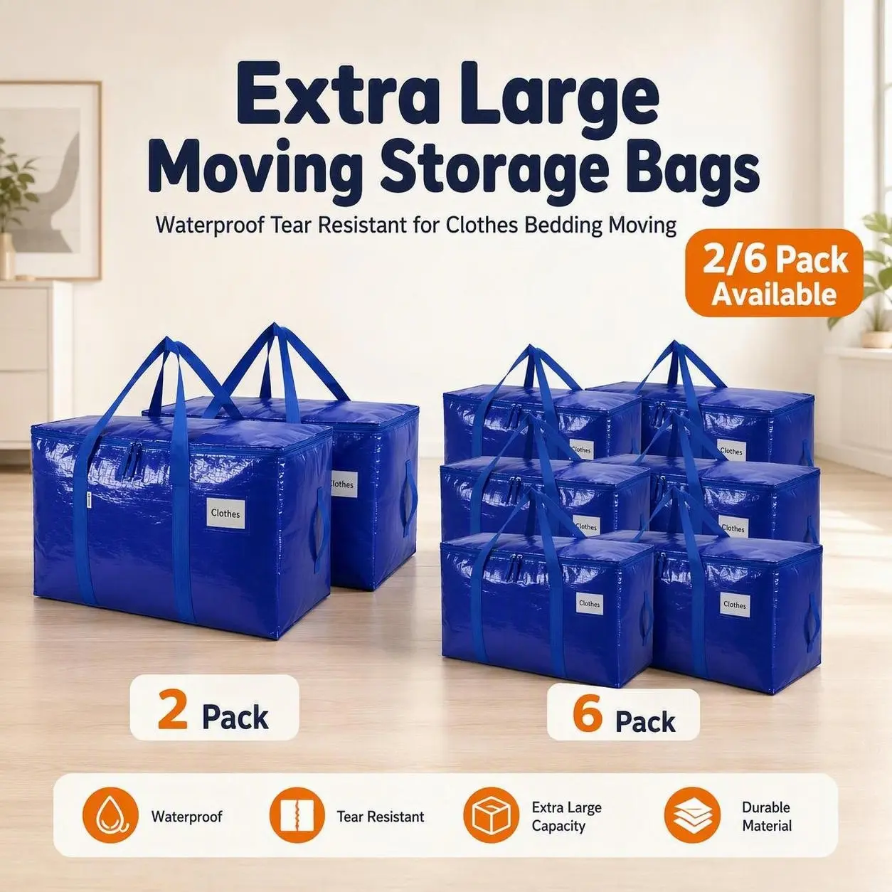 25 Gal Foldable Nylon Moving & College Storage Bag, Back to School Must Have, Extra Large Waterproof Heavy-Duty Organizer Tote with Handle, Wrap-Around Handles, Dual Zipper Wide Opening, Tag Pocket for Student Space Saving & Storage Organization