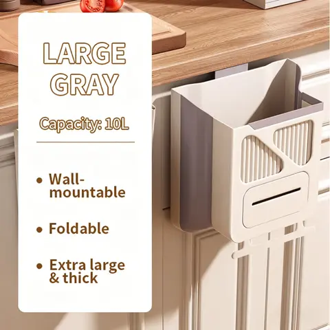 Foldable Hanging Plastic Kitchen Waste Bin - 4-6L/8.66×7.87×4.72in,10L/10.4×10×6.4in 1-Click Collapsible Small Garbage Can with Scraper, Durable Sag-Resistant Space-Saving Cabinet Insert for Kitchen,Bathroom