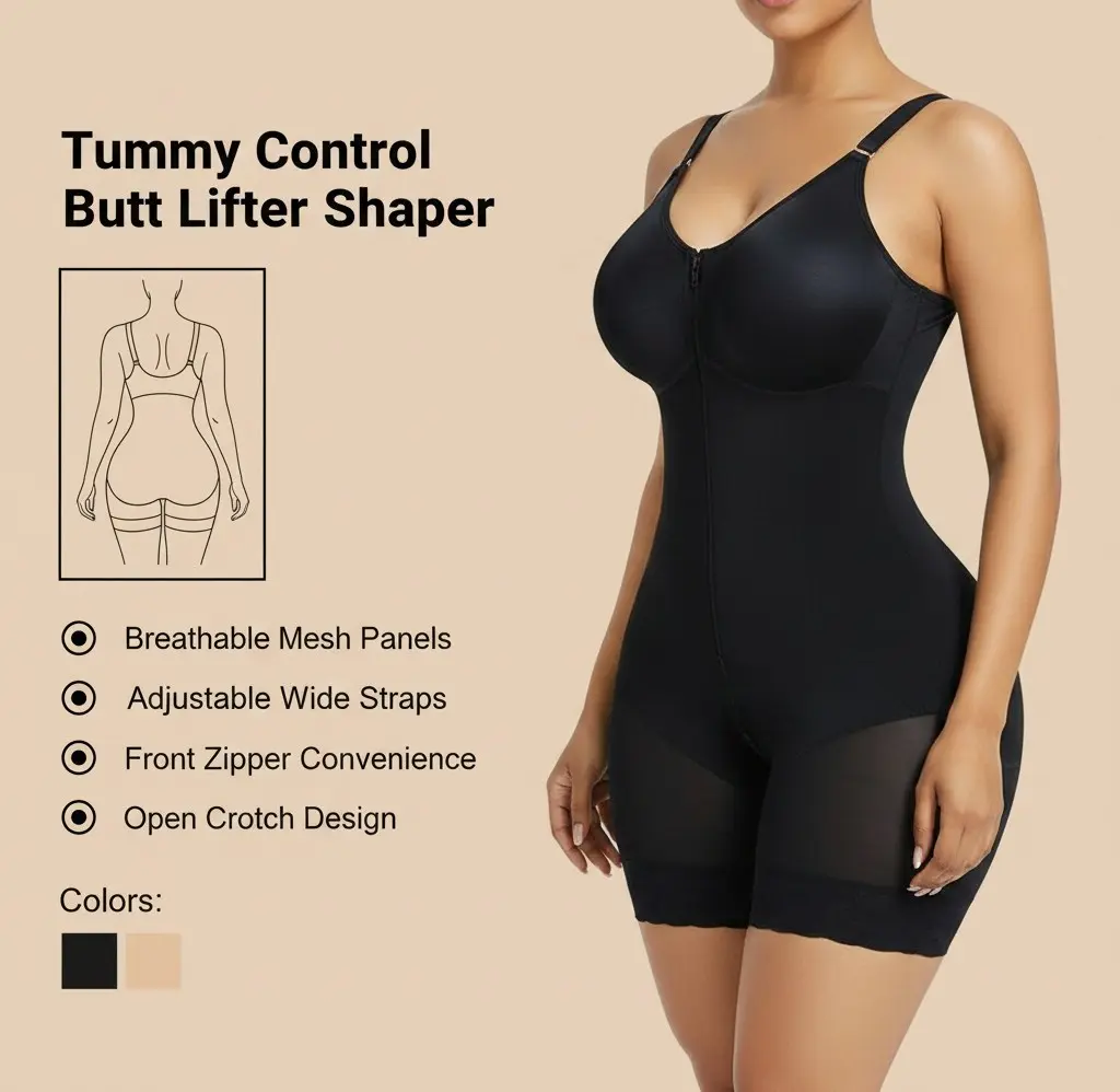 Quriov Shapewear Tummy Control Butt Lifter Shaper with Zipper Crotch Detachable Shoulder Strap in Black Nylon Fabric for Women's Daily Wear