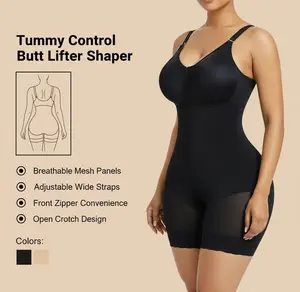 Quriov Shapewear Tummy Control Butt Lifter Shaper with Zipper Crotch Detachable Shoulder Strap in Black Nylon Fabric for Women's Daily Wear