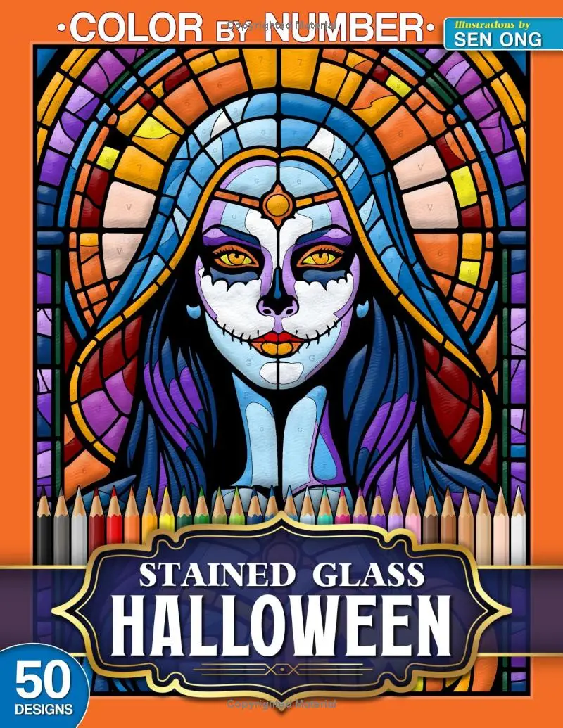 Halloween Stained Glass Color by Number: 50 Spooky Designs Featuring Pumpkins, Ghosts, and Haunted Scenes