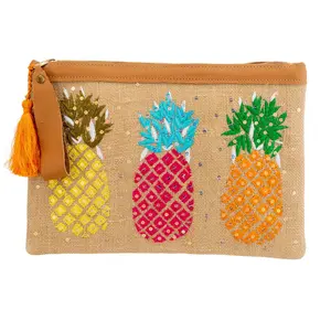 Alex Max Pineapple Embroidered Large Pouch Wristlet Clutch, Natural/Multi