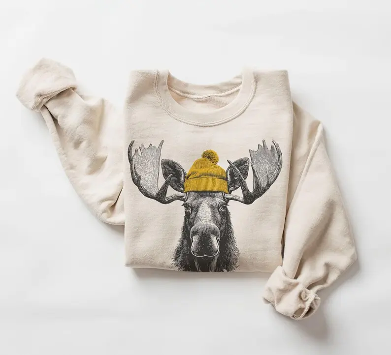 Bull Moose Wearing Beanie Sweatshirt, Mountain Wildlife Crewneck, Camping & Hiking Gift, Retro 90s Unisex Animal Outdoors Pullover