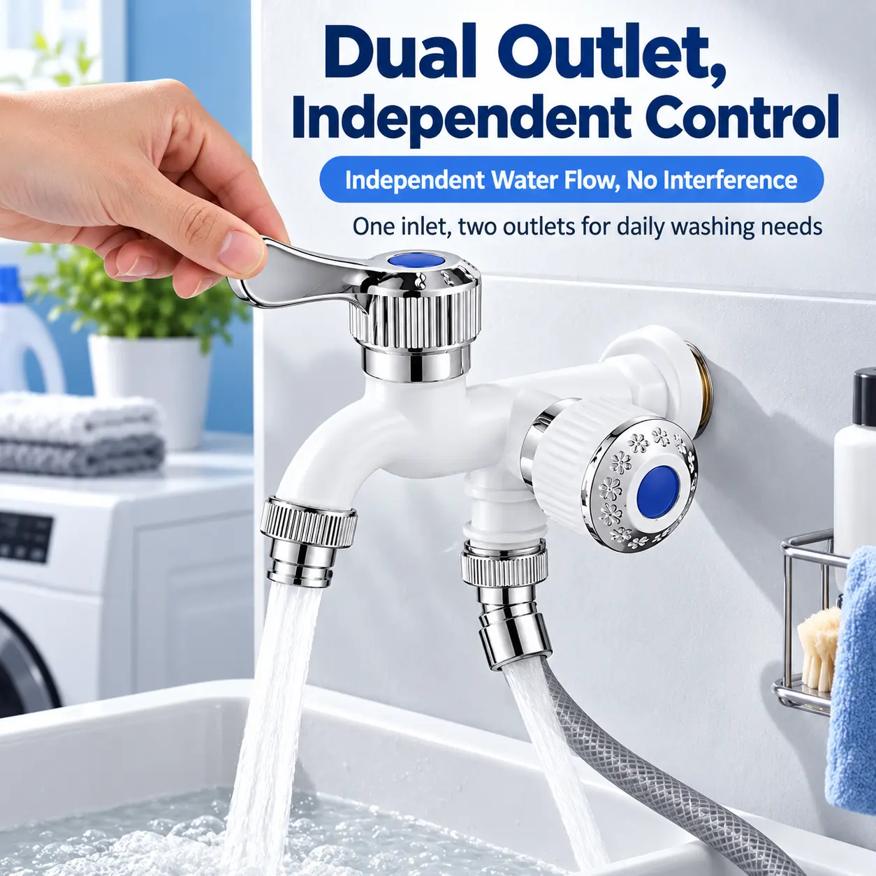 Dual Outlet Water Splitter Faucet, 1-In-2-Out Washing Machine Tap with Independent Control Valves, 3/4" Universal Adapter for Washer, Dishwasher & Sink (Leakproof)