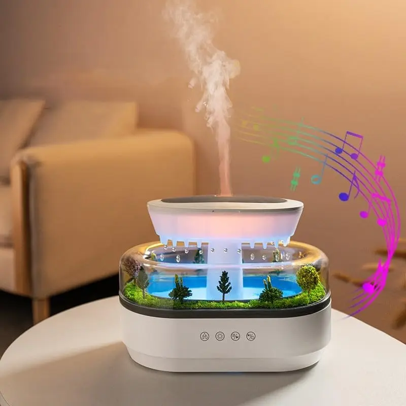 24V DC 650mA 8W Raindrop Humidifier & Essential Oil Diffuser - ABS/Polypropylene/PA Material, 250ml, 7 LED Color Changes, Natural White Noise, Landscape Design, Auto-Shutoff, 8.1x4.7x6.1in Desktop Model for Home, Assists Sleep, Add Water Function
