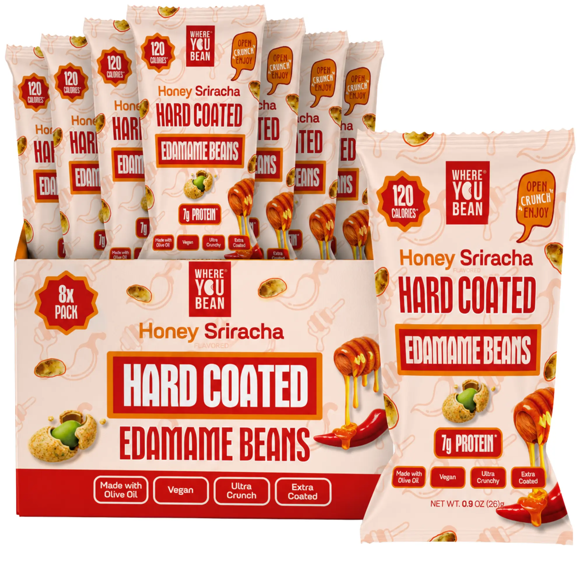 Where You Bean Crunchy Coated Honey Sriracha Flavor – Dry Roasted Savory Edamame (8-Pack) | 7g Plant Protein, Low Carb, Crunchy Healthy Vegan Snack