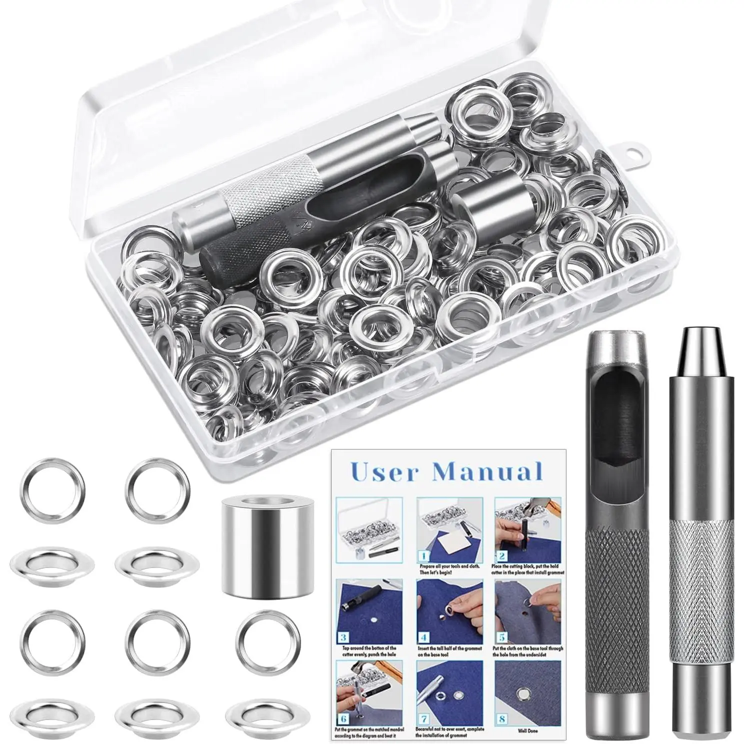 120 Sets Grommet Tool Kit 1/2 Inch,  Grommet Eyelets Kit with Setting Tools and Storage Box for Fabric, Tarps, Curtains