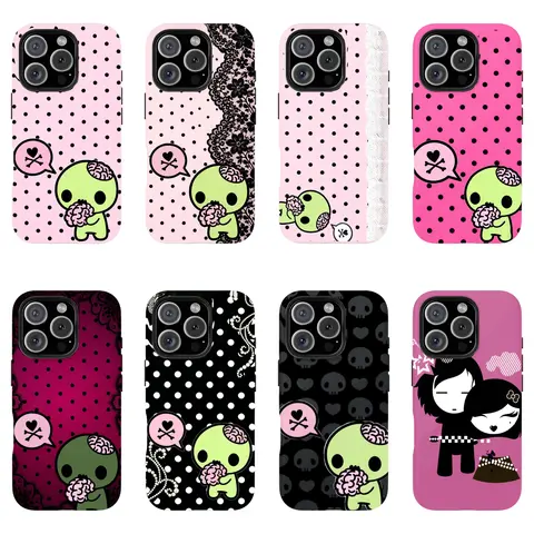 Y2k Kawaii Emo Zombie Cellphone Case - Pink Black Polka Dot Skull Pattern Casing, Cute Protection Accessory for iPhone 11-17 Pro Max, Samsung S22-S26 Devices, Her Gift