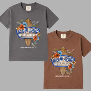 Comfort Colors Ron Jon Surf T-Shirt, Comfort Colors shirt featuring tropical surfboard and hibiscus flower graphic, Long Beach Island NJ beach shirt for men and women, Casual summer apparel for ocean lovers.