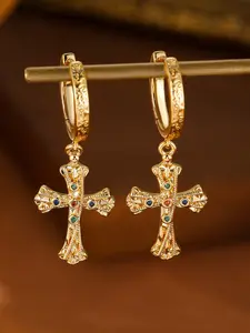 2PCS Gold Cross Drop Earrings for Women, Vintage Pave Zircon Huggie Hoop with Cross Charm, Dainty Religious Statement Earrings, Daily Party Streetwear Jewelry, Ideal Birthday Easter Gift