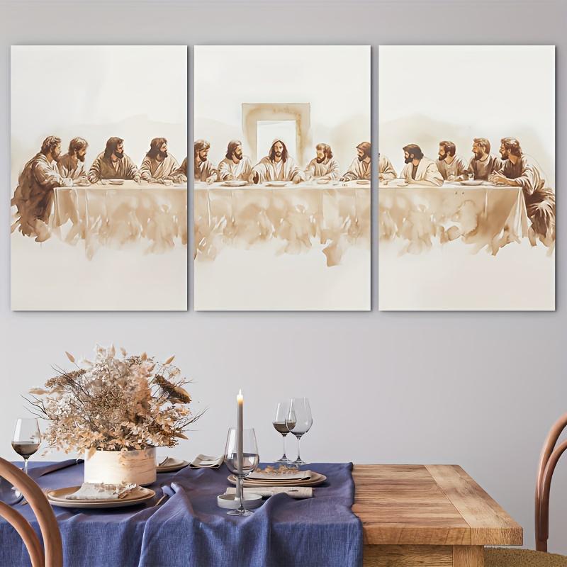 3pcs Set of Wood-Framed Canvas Art "The Last Supper" - Minimalist Modern Jesus Poster for Christian Farmhouse Wall Decor, Home Decoration, Room Décor  (Includes Frame)