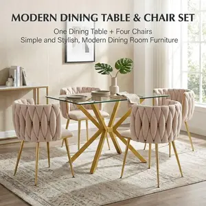 5-Piece Dining Table & Chairs Set, 47.24" Modern Clear Tempered Glass Table & 4 Velvet Upholstered Chairs, Gold Metal Legs, Elegant Dining Room & Kitchen Furniture, Beige/Gold