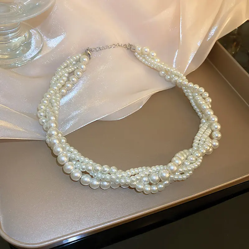 Women's Geometric Pearl Choker Necklace - Korean Bridal Twining Jewelry for Female, Wedding, Prom