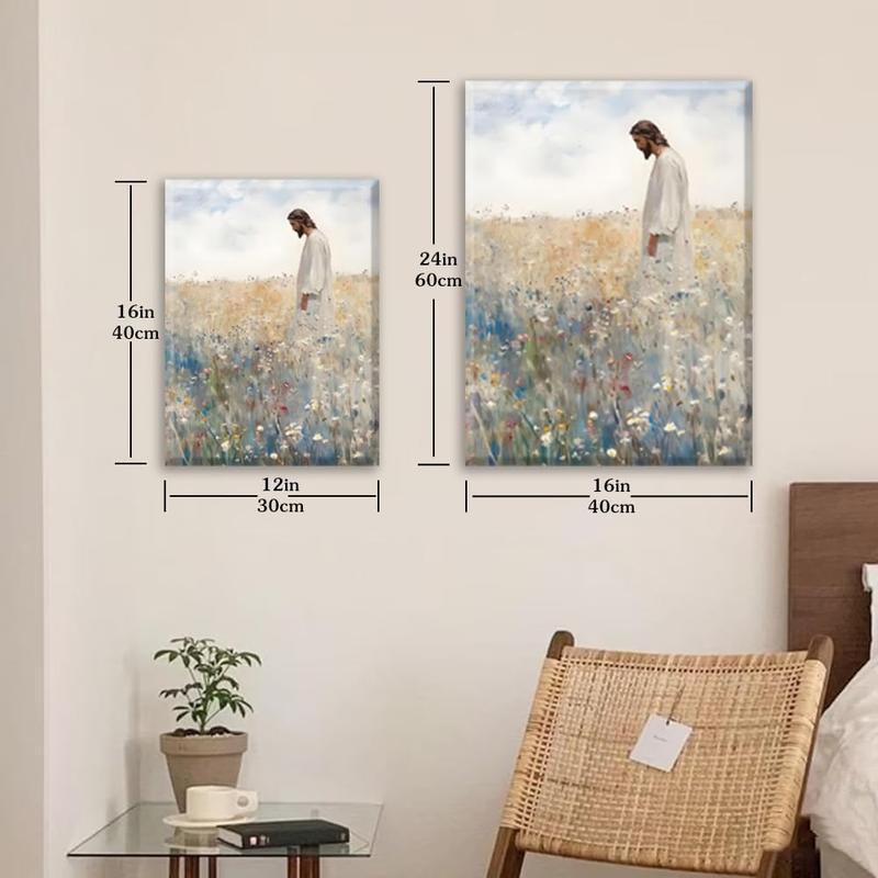 Framed Jesus Leaves the 99 Christian Canvas Wall Art Inspirational Painting of Jesus in Autumn Wildflowers Religious Faith Art Picture Print Christian Décor for Home Living Room and Church12x16in Decor Ornaments
