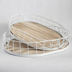 Oval Metal & Wood Decorative Tray — Rustic White Accent Tray for Home