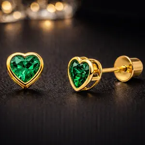14K Gold Stud Earrings Heart Screw Back for Women, Kids & Girls - Elegant Design Heart Shape Birthstone