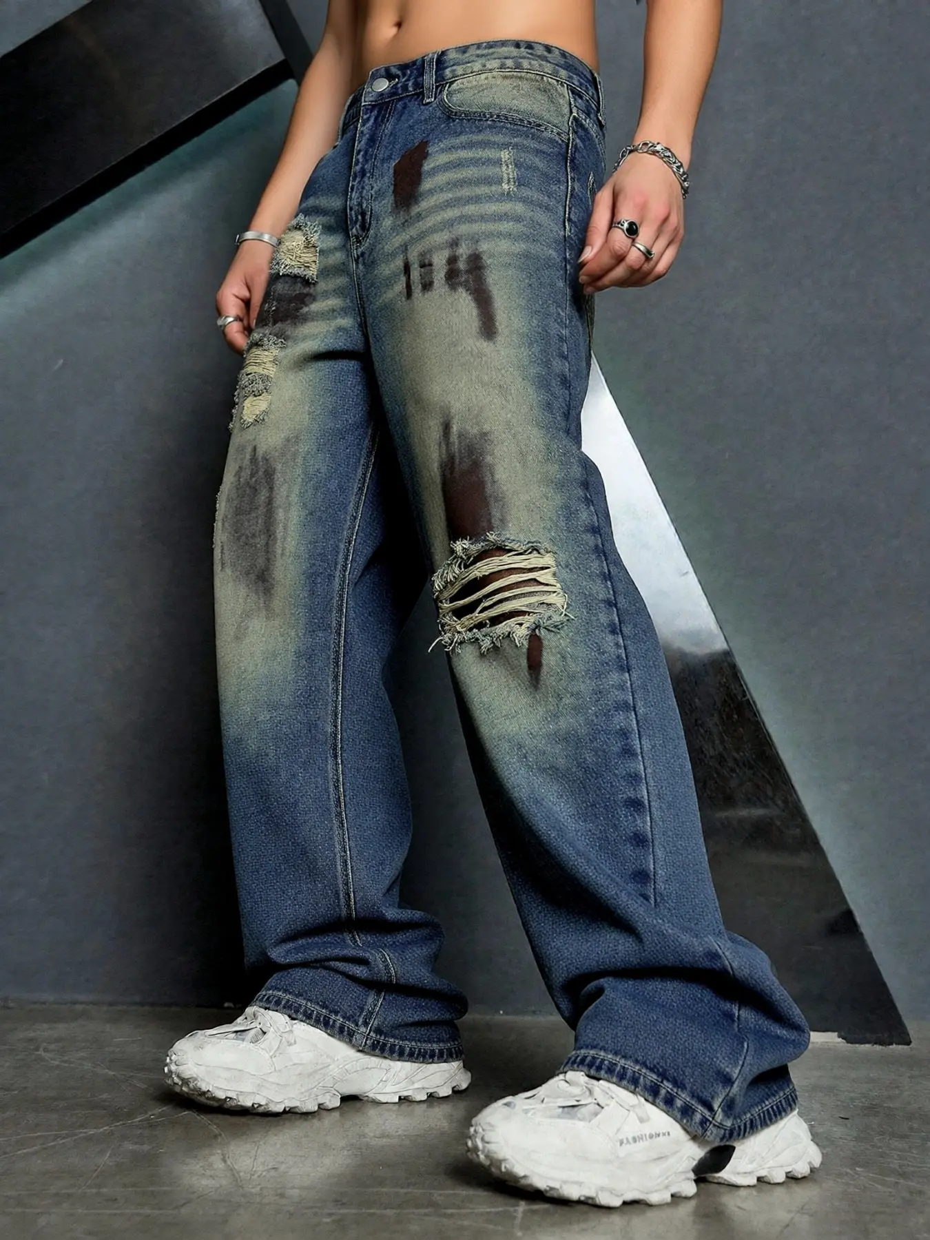 Men's Y2K vintage Aesthetic washed distressed wide-leg jeans, casual ripped denim, loose-fit denim pants, Premium Denim Pants, American retro streetwear, skate and hip-hop casual baggy trousers, perfect gift for husbands and boyfriends.