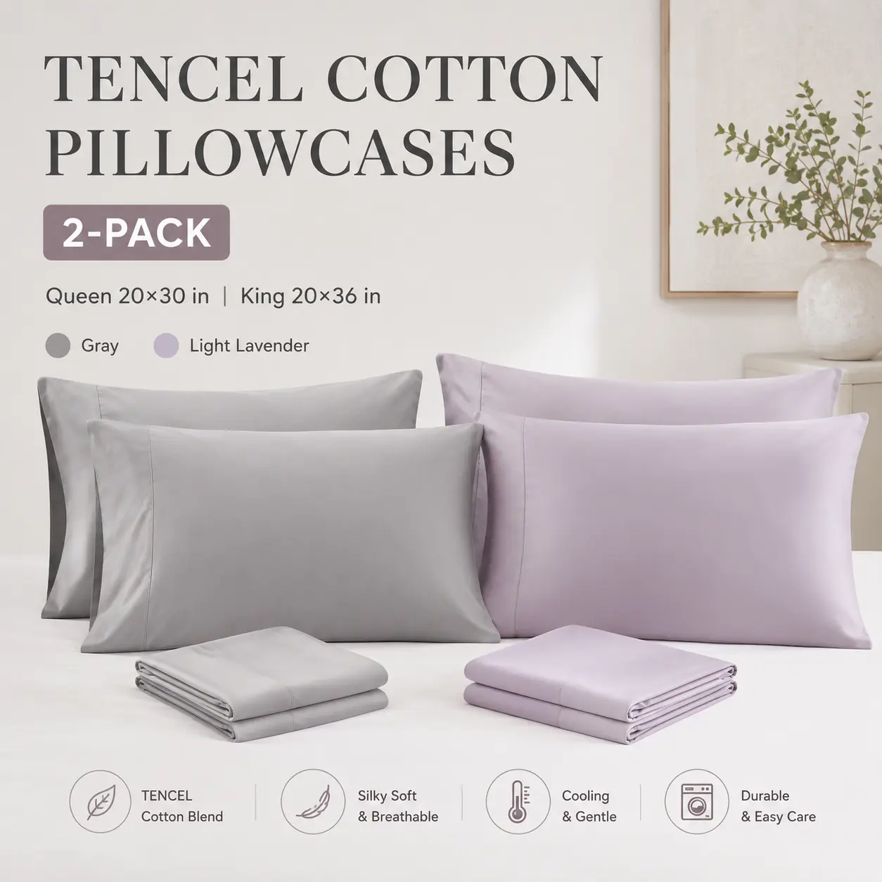 GEECO Cooling Pillowcases 2-Pack, Silk-Like Smooth Finish Rayon Blend, Cool-Touch Cooling Bedding for Hair and Skin, Breathable Envelope Closure Set, Queen/King Size Options, Neutral Tones Gray/Light Lavender