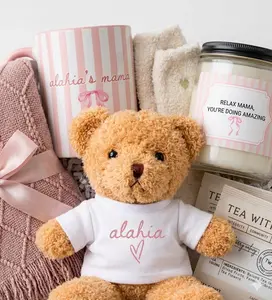 Personalized New Mom Gift Boxes Deluxe Box with Baby Name Teddy Bear Custom Mug Candle Blanket Socks Tea Bags Heart Spoon Cozy Essentials for Baby Shower New Mom Care Basket