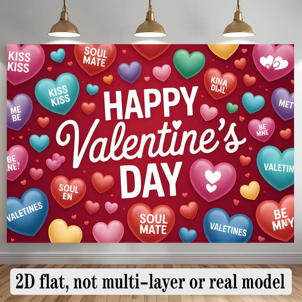 1PC Polyester 2D Flat Valentine's Day Heart-Themed Wall Hanging Backdrop, Romantic Festive Party Decoration Banner, Colorful Photo Prop for Home & Birthday Events