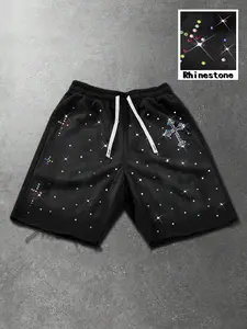 Men's Cross Pattern Rhinestone Short Pants, Stylish Elastic Drawstring Waist, Breathable Fabric, Frayed Hole Hem, Casual Streetwear