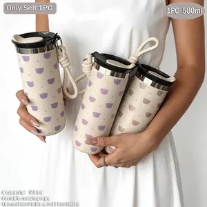500ML Bear Pattern Insulated Cup, Stainless Steel Vacuum Bottle, Silicone Straw, Outdoor Coffee Mug, Insulated Travel Drinkware, Gift for All Occasions