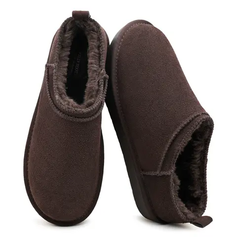 EVELLYHOOTD Women's Genuine Suede Casual Round Toe Micro Mini Fur Lined Booties, Soft Slip-On Lightweight Non-Slip Ankle Snow Shoes for Daily Fall Winter Wear