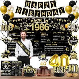 40th Birthday Decorations for Men, Black Gold Back In 1986 Party Supplies Set with Sash, Banner, Backdrop, Balloons & Cake Topper for 40 Year Old Birthday Decorations
