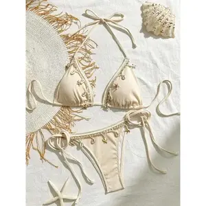 Two-Piece Set Women's Plain Shell Decor Self-Tie Bikini Set, Halter Triangle Swim Bra & Tie Side Swim Panty Set, Sexy Fashion Swimsuit Set for Beach Holiday Vacation