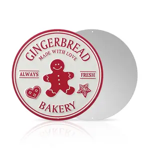 “Gingerbread Bakery Made with Love” Round Metal Wall Sign – 1pc 8×8inch (20×20cm) Tin Sign – Festive Red & White Christmas Wall Art for Kitchen, Café, Bakery, Home & Holiday Décor – Always Fresh Vintage-Style Metal Decoration