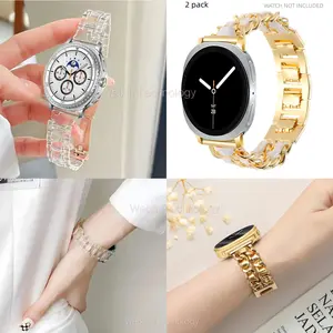 Transparent resin strap suitable for Samsung Galaxy Watch 8 Classic 46mm bracelet strap suitable for Galaxy Watch 8 40mm 44mm, colorful resin strap for women, elegant strap and metal bracelet, Cuban linked strap 2 packs