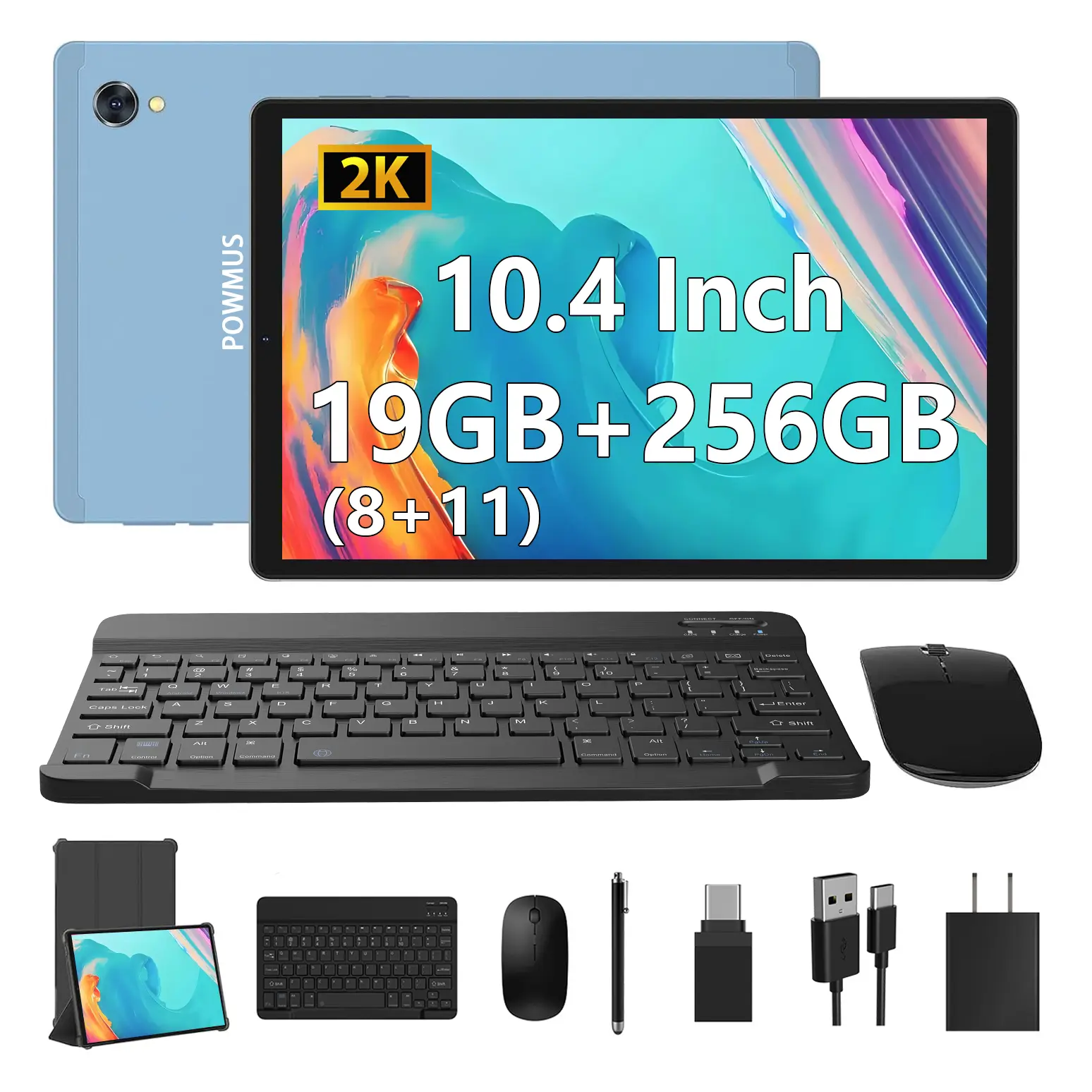 POWMUS Android 13 10.4-Inch Tablet with Dual Speakers, 8GB RAM 256GB Storage, Octa-Core Processor, 2000x1200 HD Incell Screen, 8000mAh Battery, 8+13MP Camera WiFi BT5.0 GPS, Tablets with Keyboard Mouse Stylus Protective Case - Blue