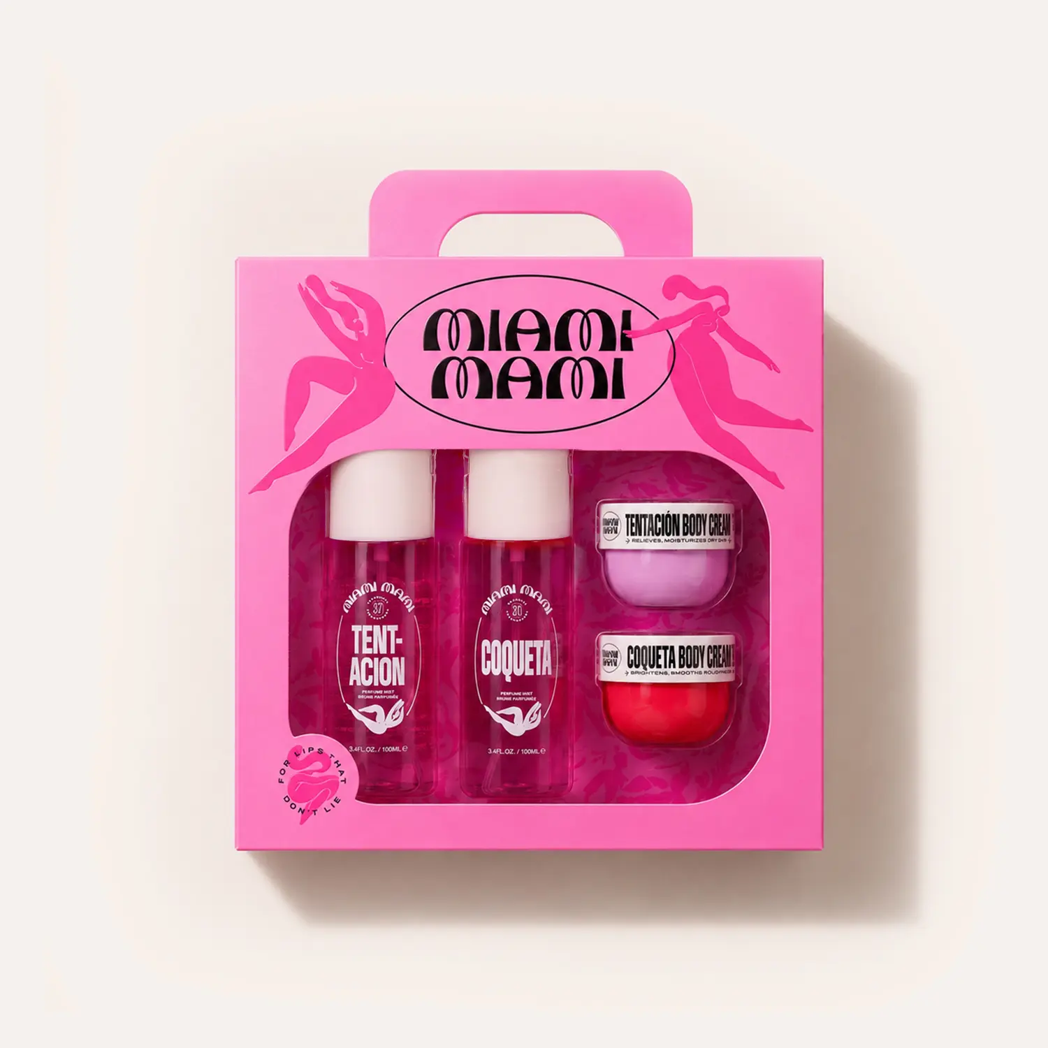 Miami Mami Tentacion & Coqueta Fragrance Layering Gift Set - 2x100ml Body Mist, 2x30g Body Cream - Brazilian Vacation Scent With Vanilla, Sugar, Violet, Plum & Sandalwood Notes - Sweet Woody Floral Women Vacation Fragrance, Perfume Gift for Her