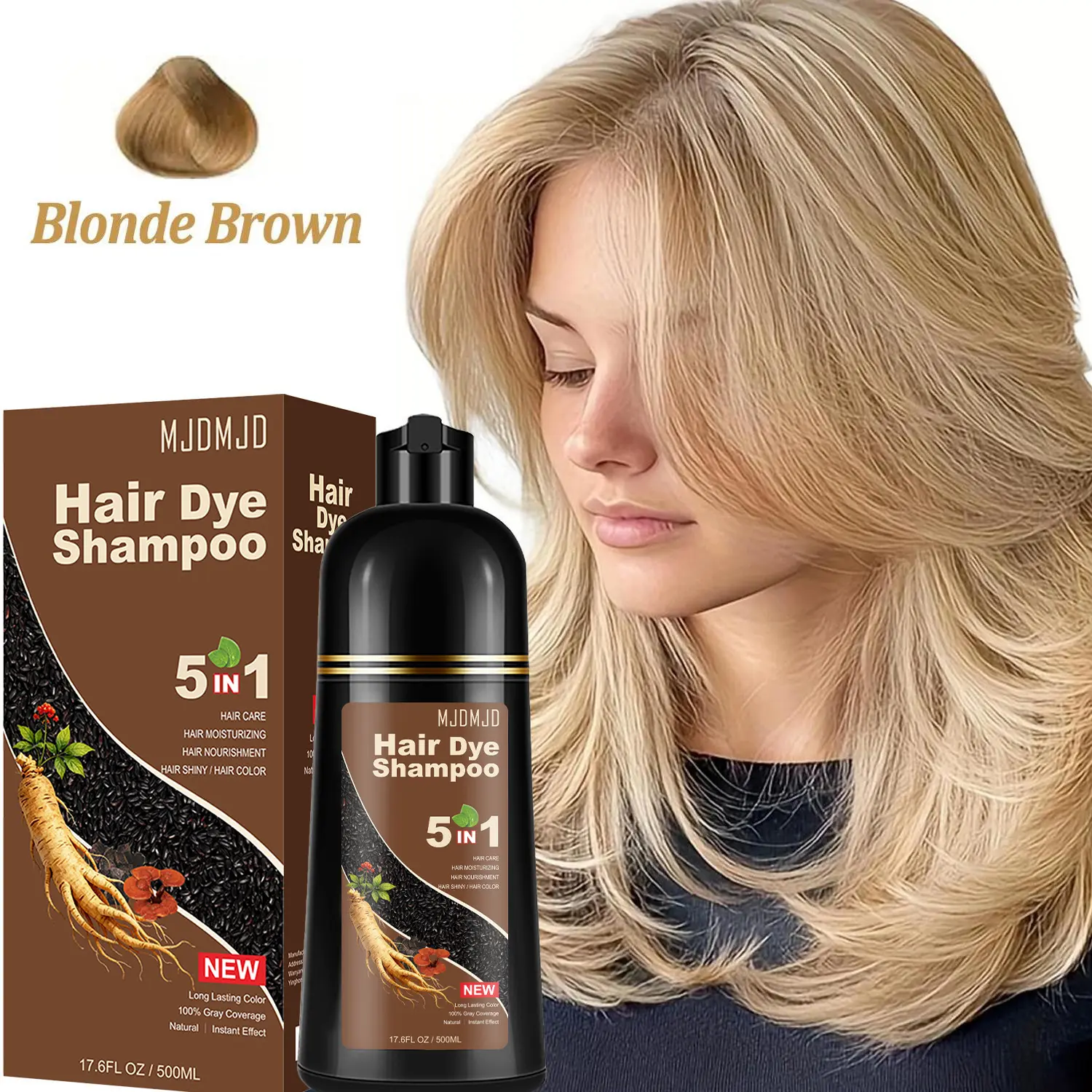 Golden Brown 5-in-1 Hair Dye Shampoo, Instant Gray Hair Covering Shampoo, Natural Ammonia-Free Hair Color for Women & Men, Vegan, Easy Root Touch Up, Long-Lasting 3-4 Weeks, 500ml Haircare